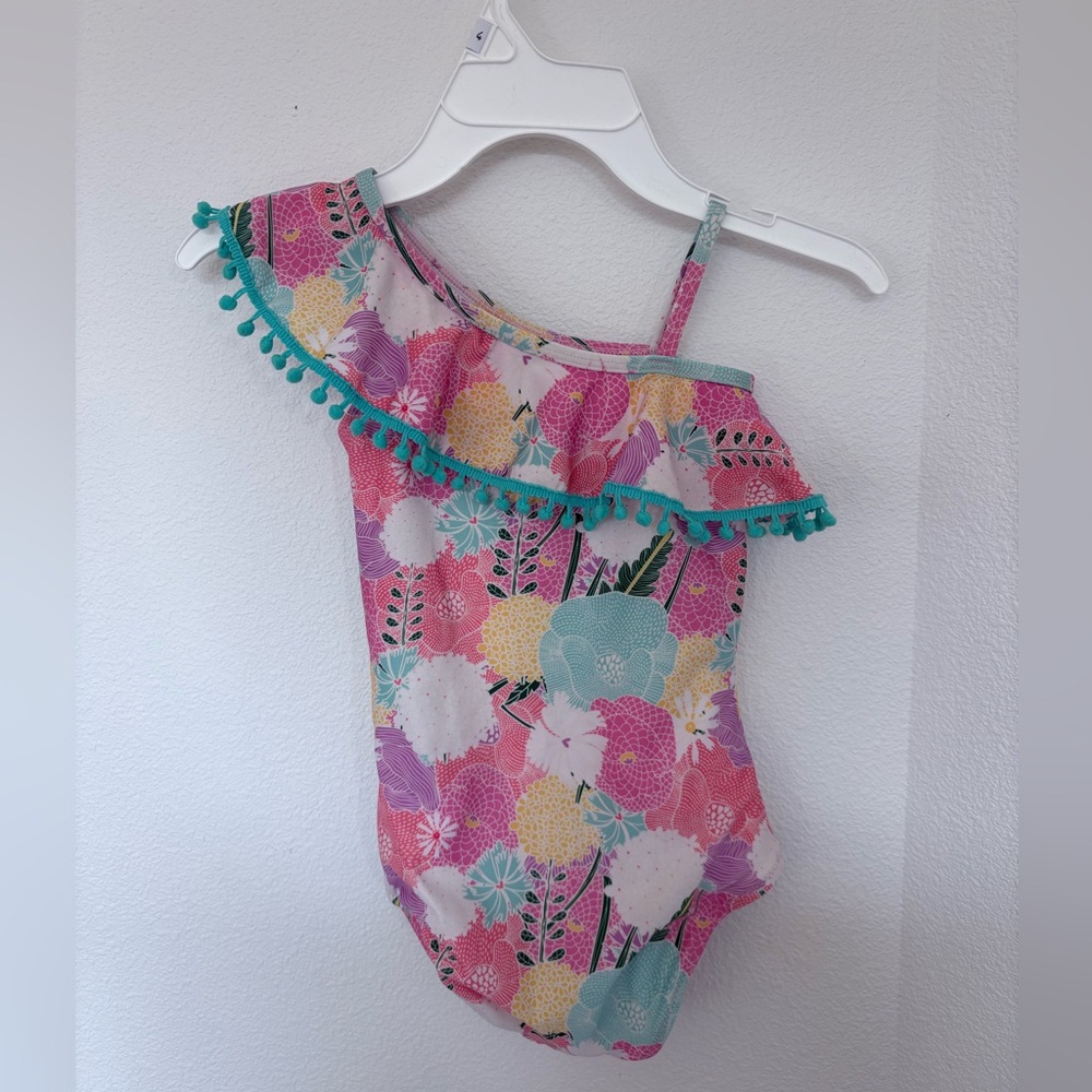 2/$20 - Floral One-Shoulder Swimsuit with Pom Pom Trim